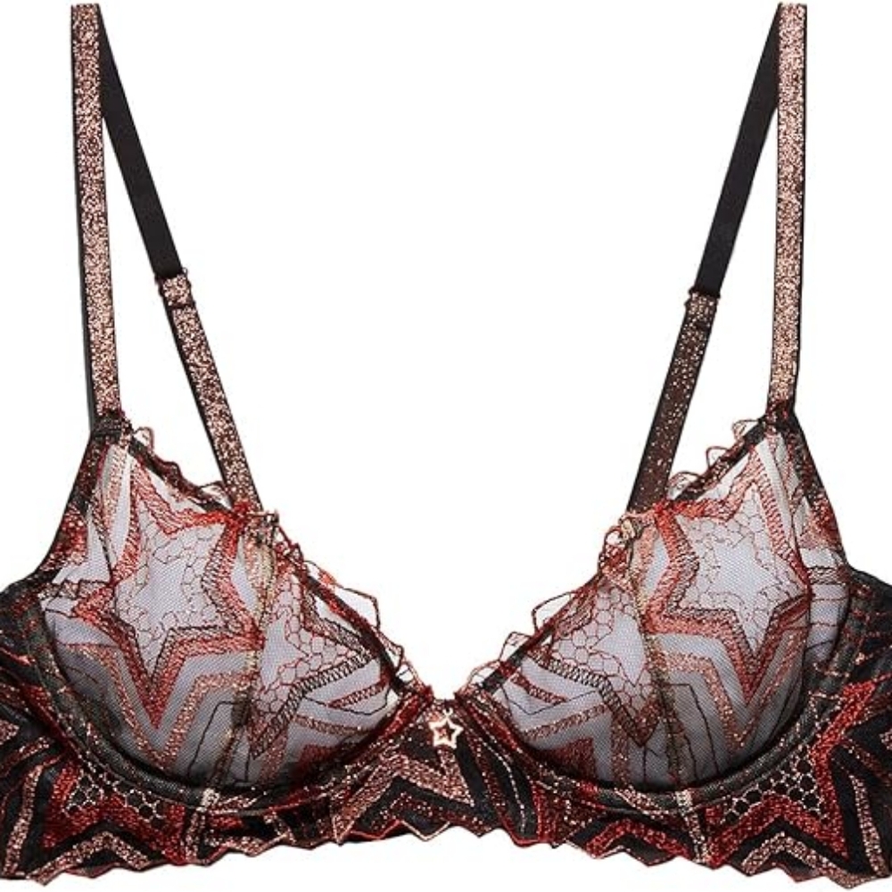 Savage X Fenty Shining Star Embroidered Unlined Demi 32C Bra Henna Red